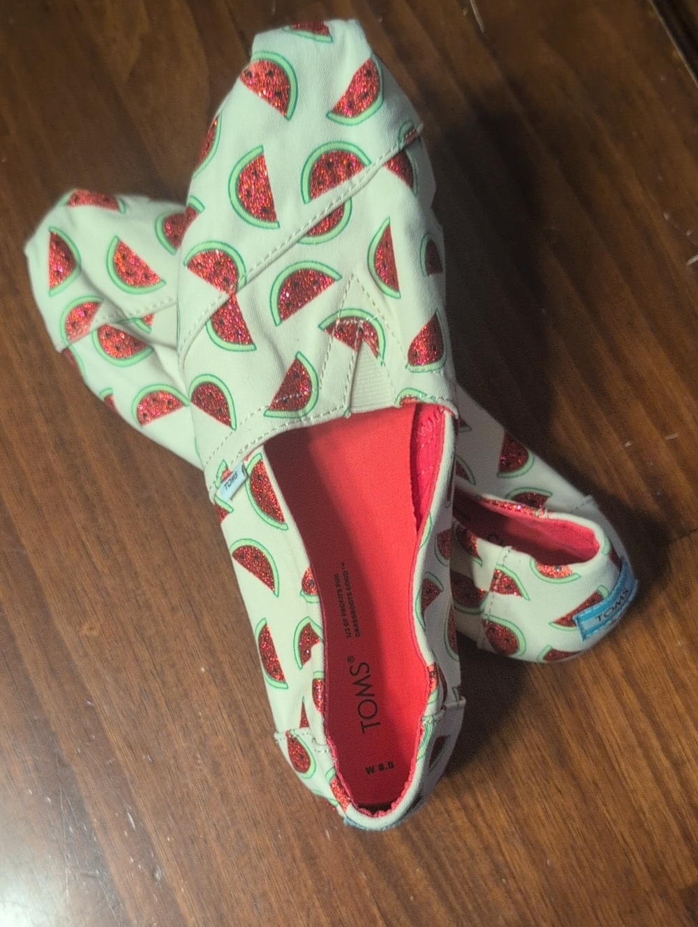 Toms Women's Mint Canvas Slip-Ons with Red Glitter Watermelon Print